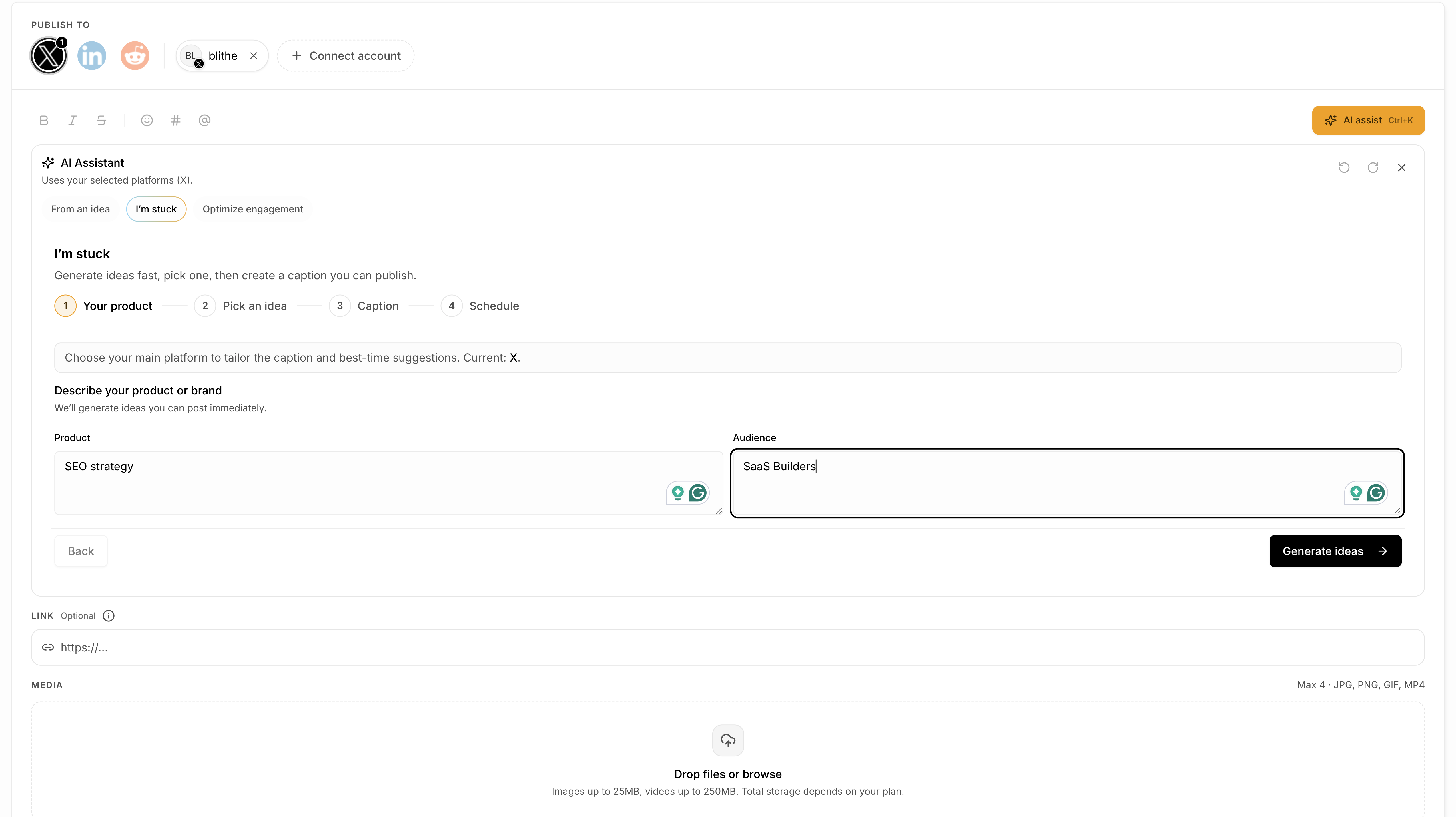 OpenClaw AI Assistant — describe your product and audience to get tailored content ideas