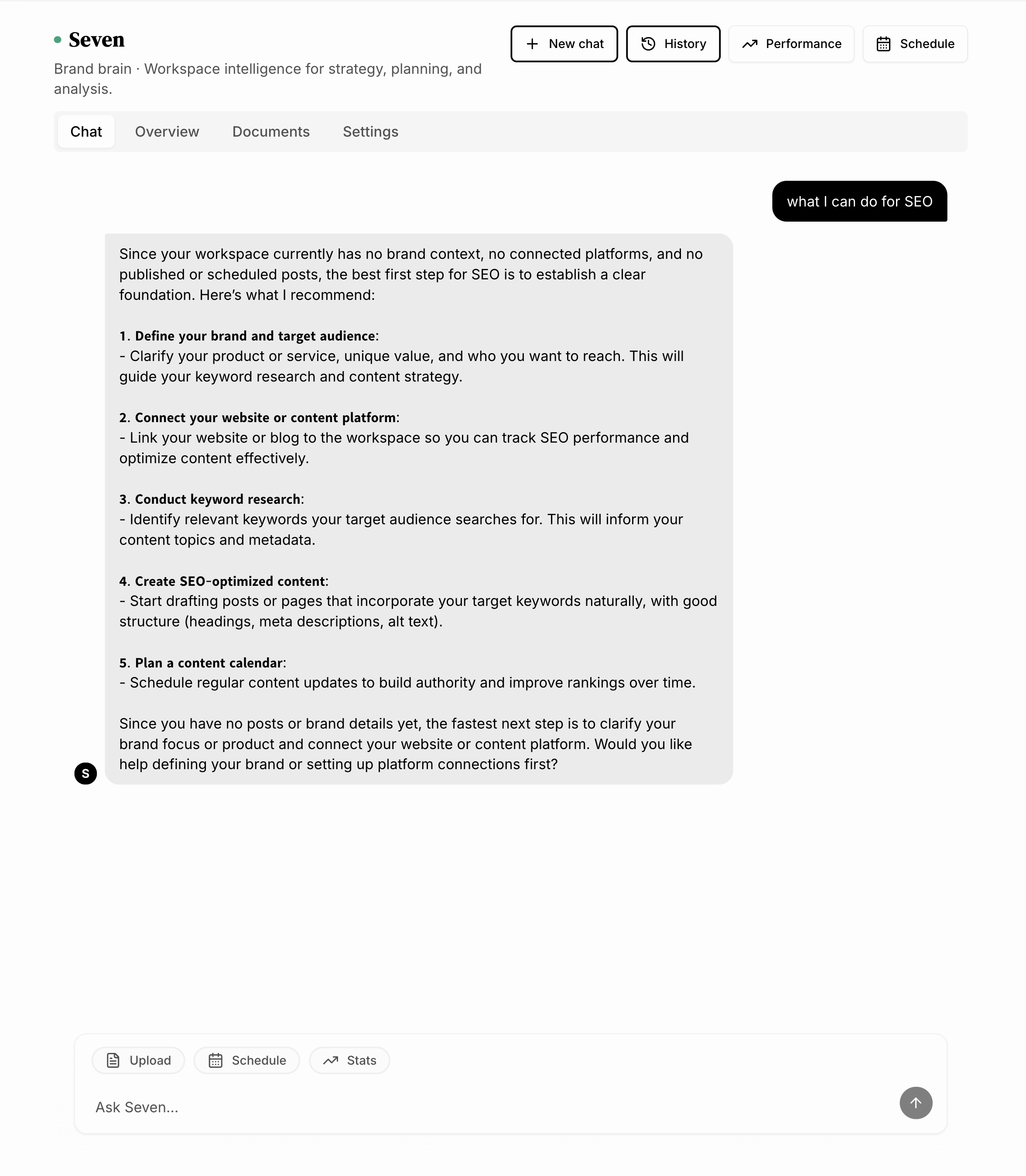 AI Brand Brain delivering a tailored SEO action plan based on workspace context