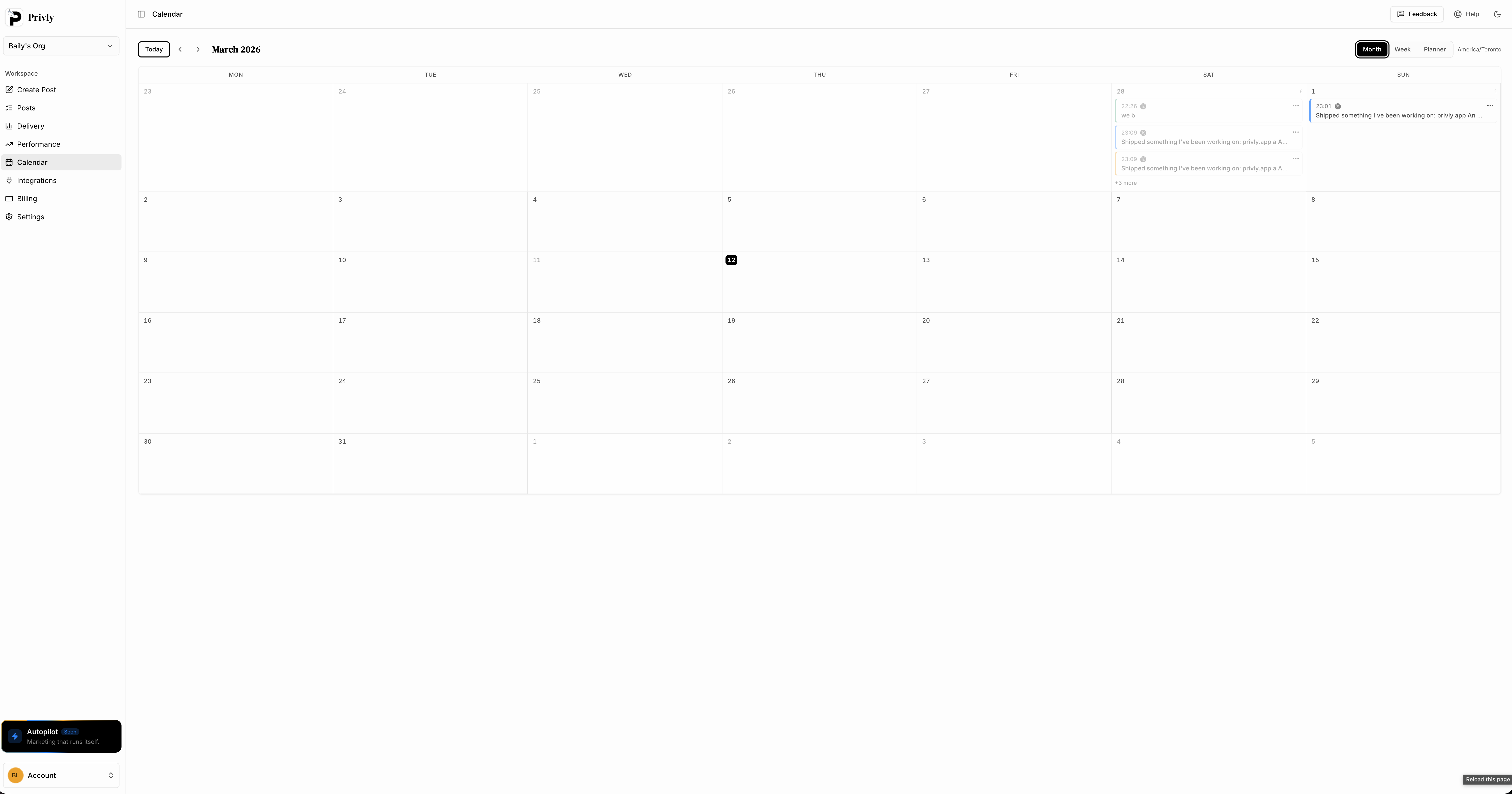 Privly calendar view showing scheduled posts across the month