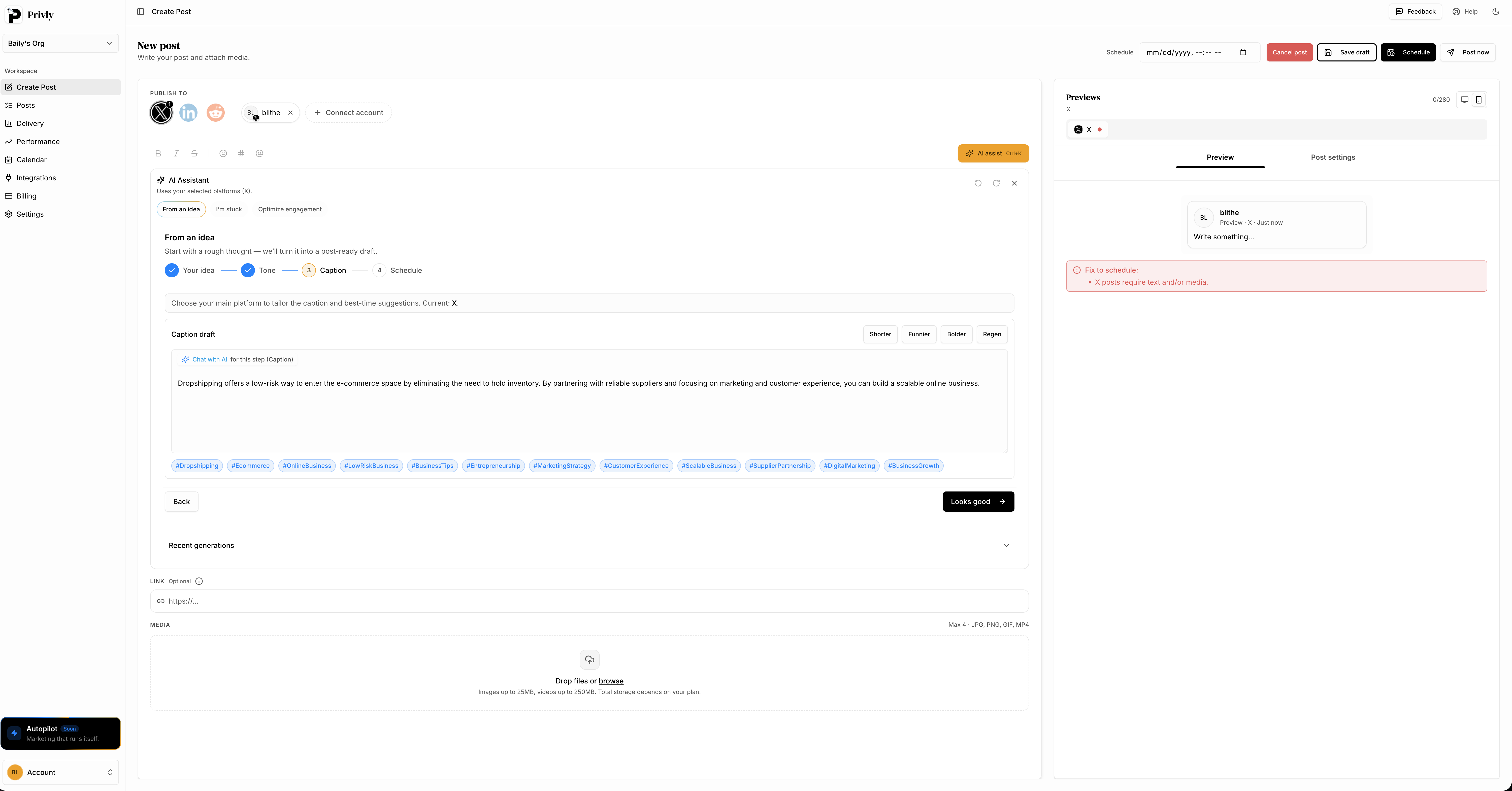 Privly post editor with AI-generated caption and hashtag suggestions