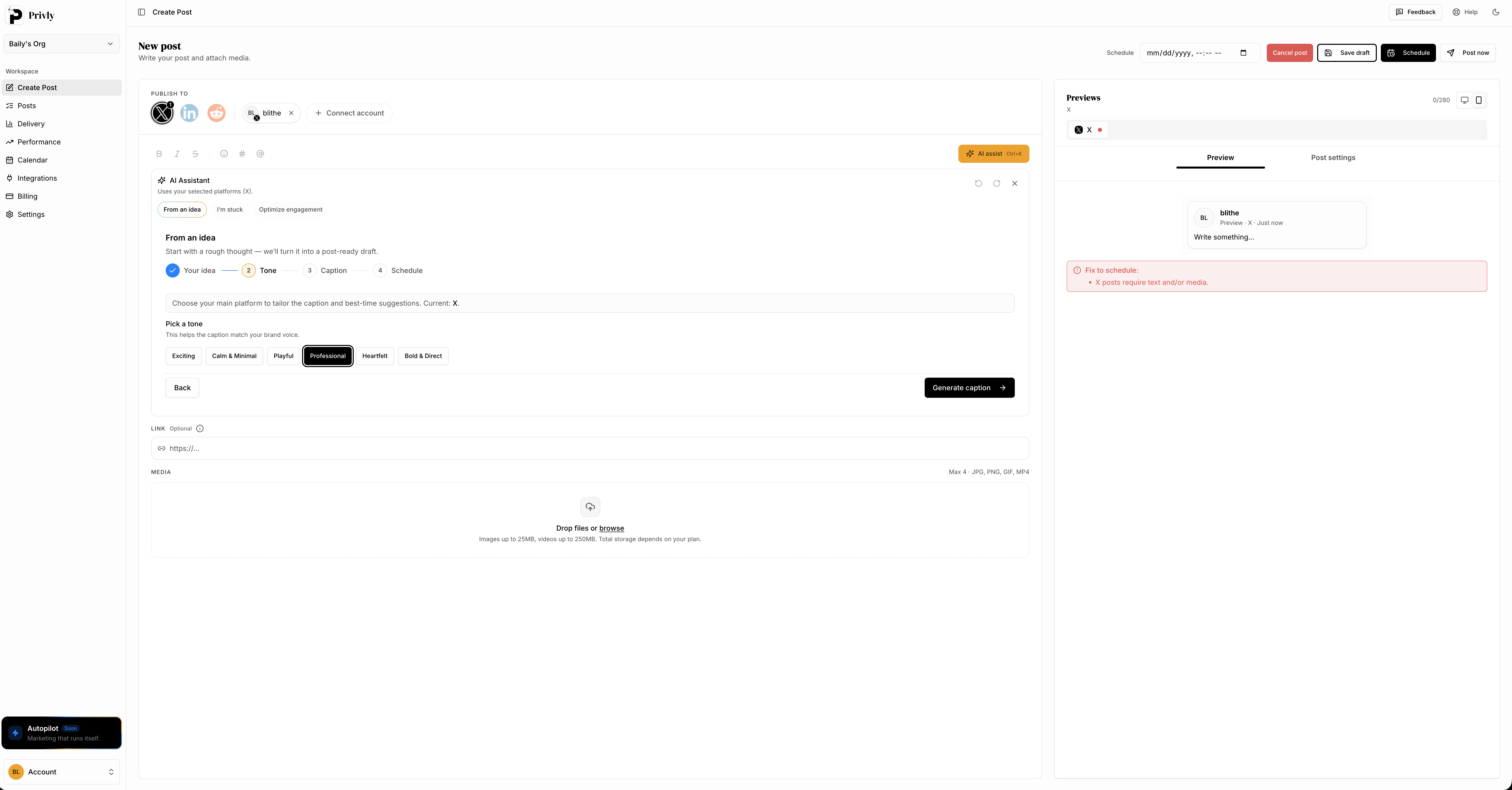 Privly post editor publishing to X, LinkedIn and Reddit simultaneously