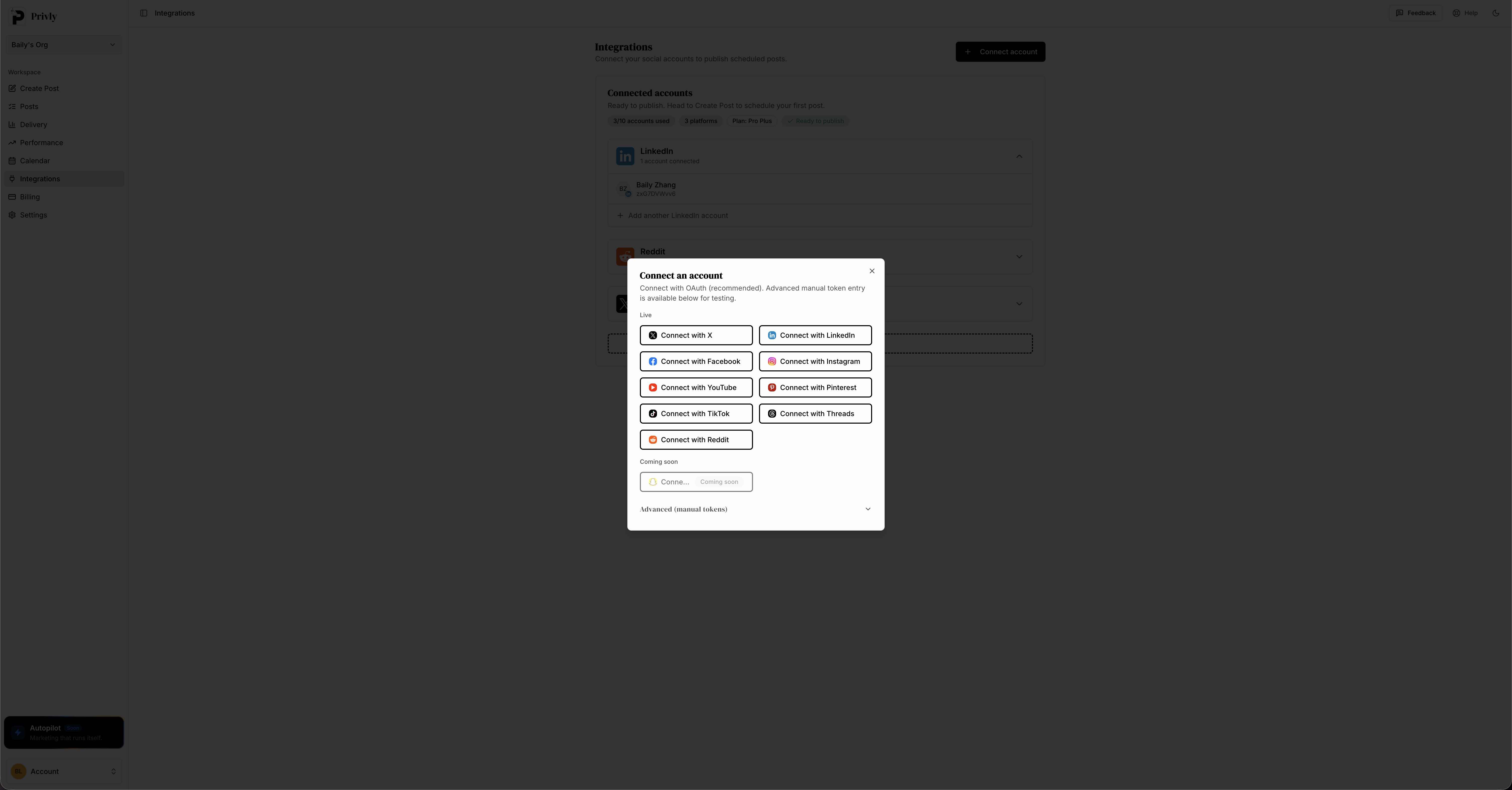 Privly connect account modal showing support for X, LinkedIn, Facebook, Instagram, YouTube, Pinterest, TikTok, Threads and Reddit