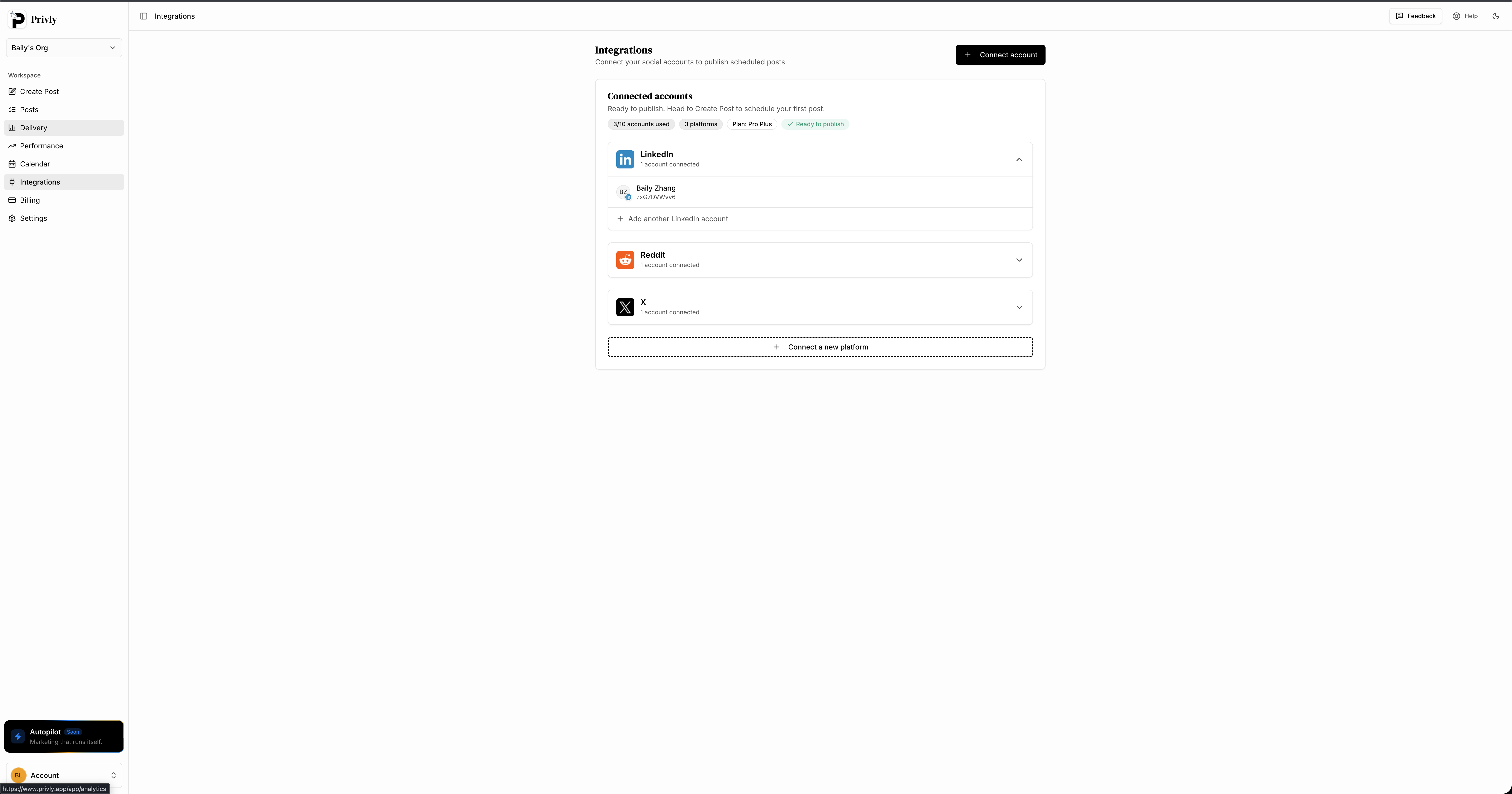 Privly integrations page showing connected LinkedIn, Reddit and X accounts