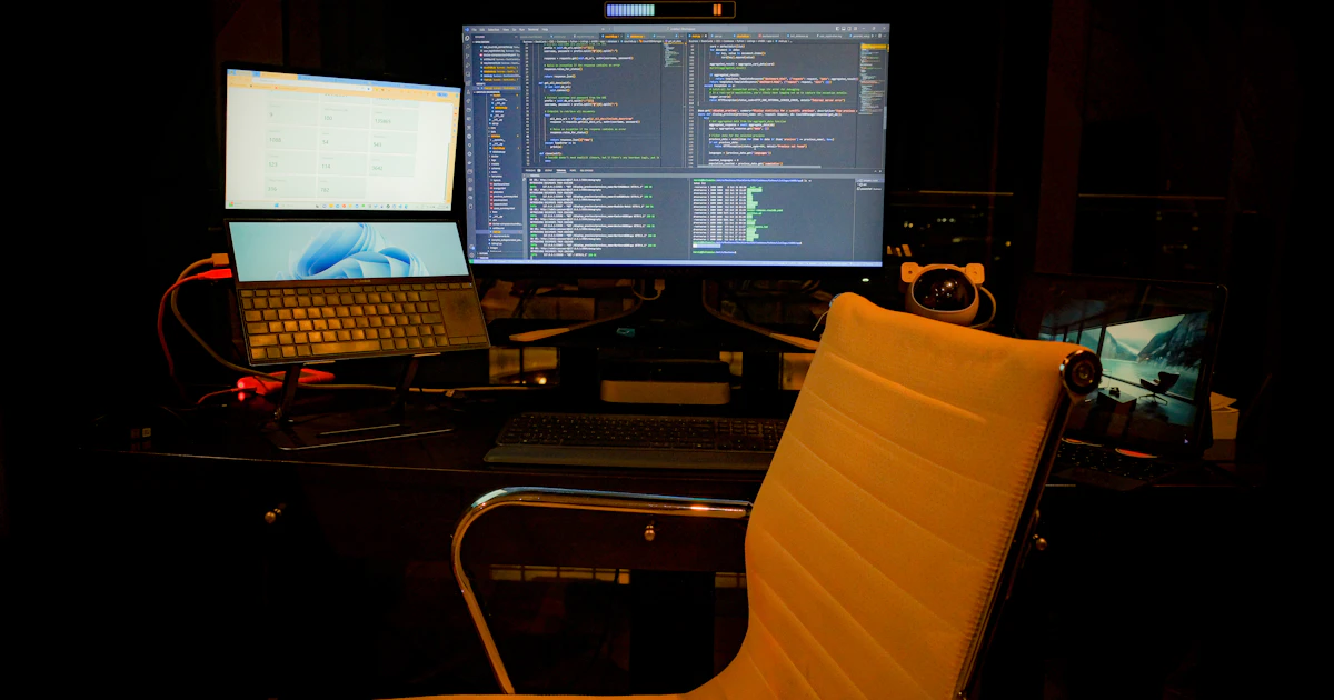 A desk with a laptop and two monitors arranged for focused work.
